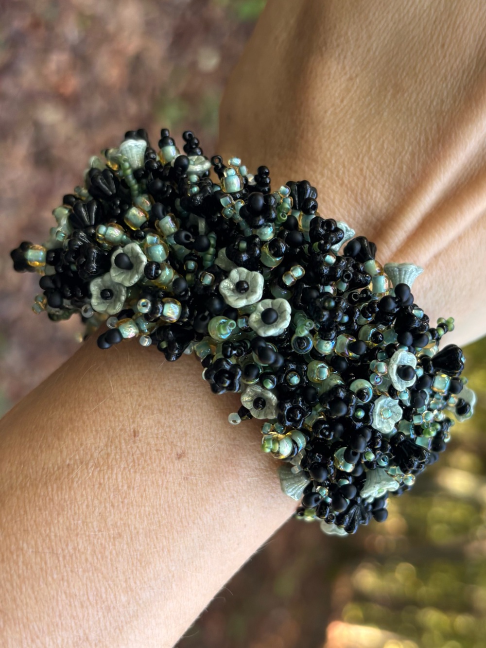 Handmade Garden Fringe Beaded Statement Bracelet • Black & Mint Green